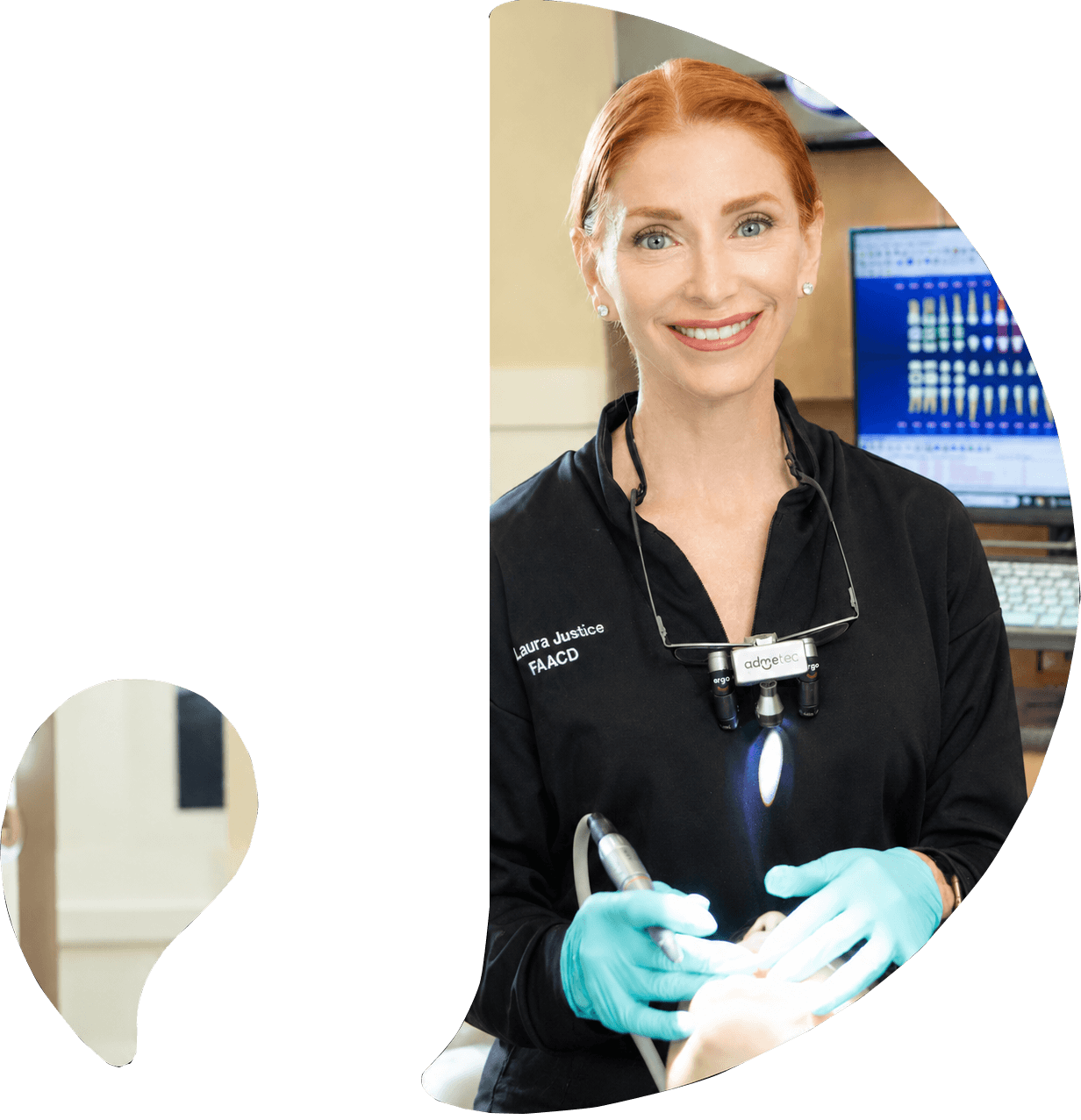 Dentist Laura Justice, FAACD, performing dental work with loupes and light